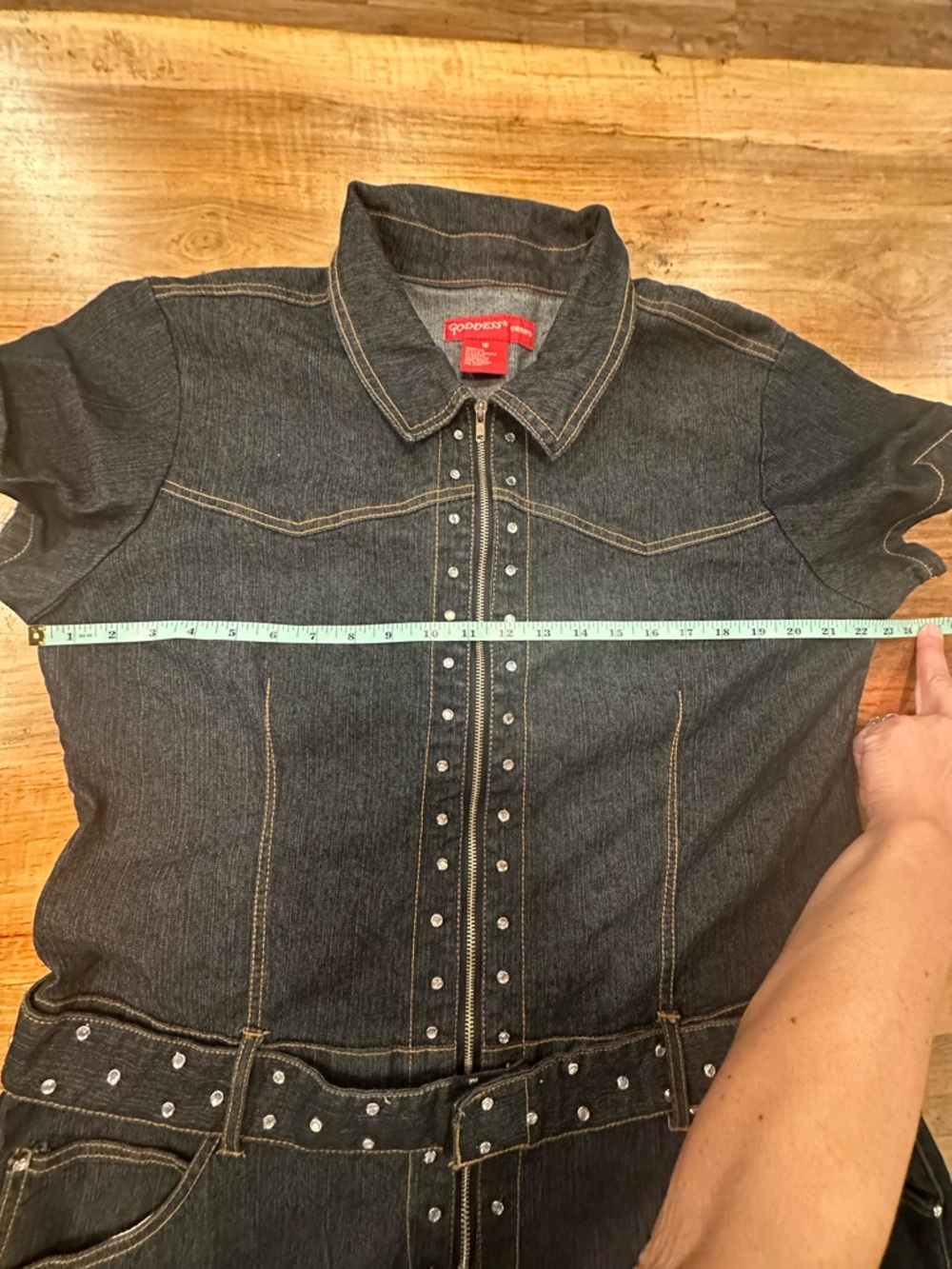 Goddess Plus Size 18 Denim Jumpsuit Rhinestone Belted Western Boho Y2K Flare XL - Picture 9 of 14